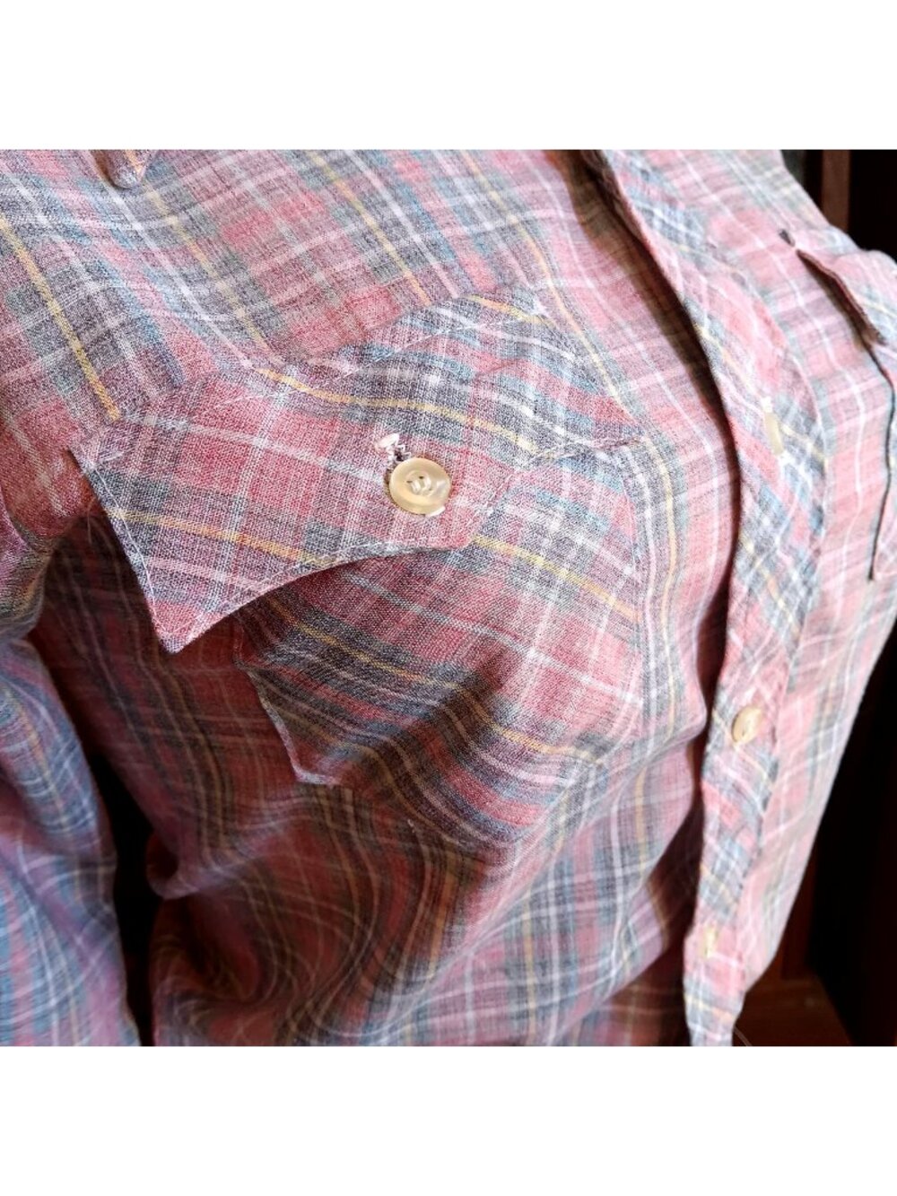 True Vintage XS Shirt Top 1970's Plaid Button-Up JC PENNEY Pink Boho Disco Retro